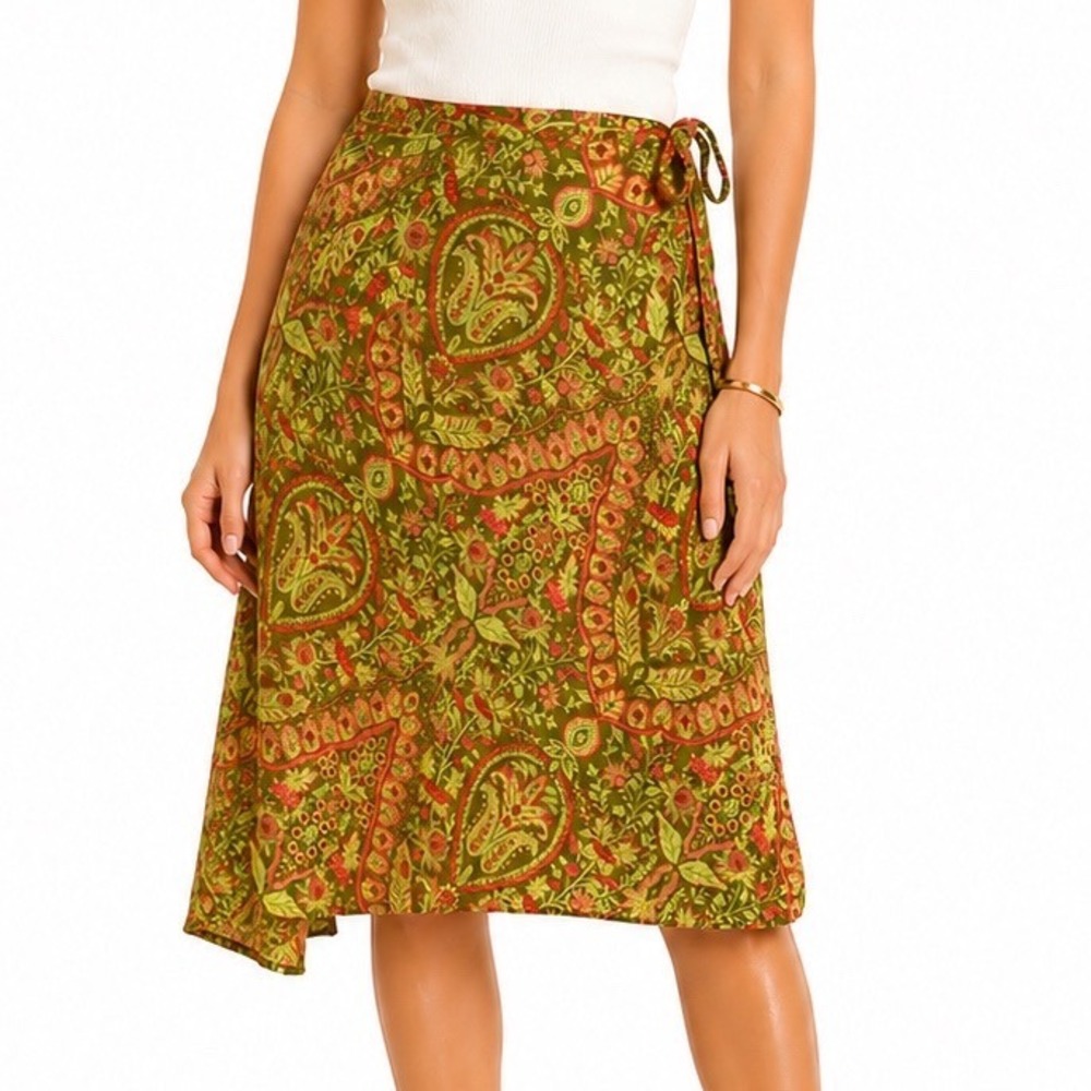 Giorgio Fiorlini Green Floral Paisley Boho Midi Skirt Asymmetry USA 10 Spring